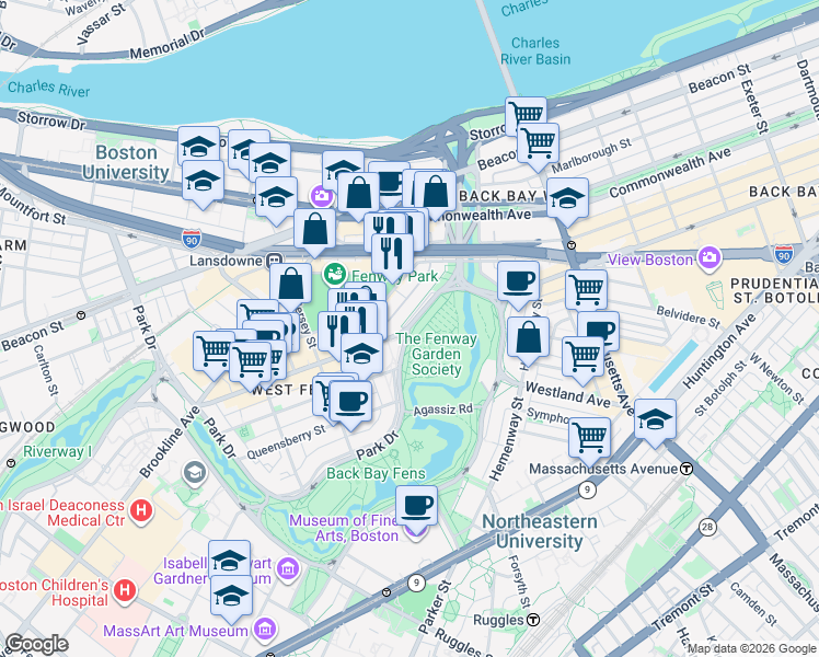 map of restaurants, bars, coffee shops, grocery stores, and more near 1210 Boylston Street in Boston