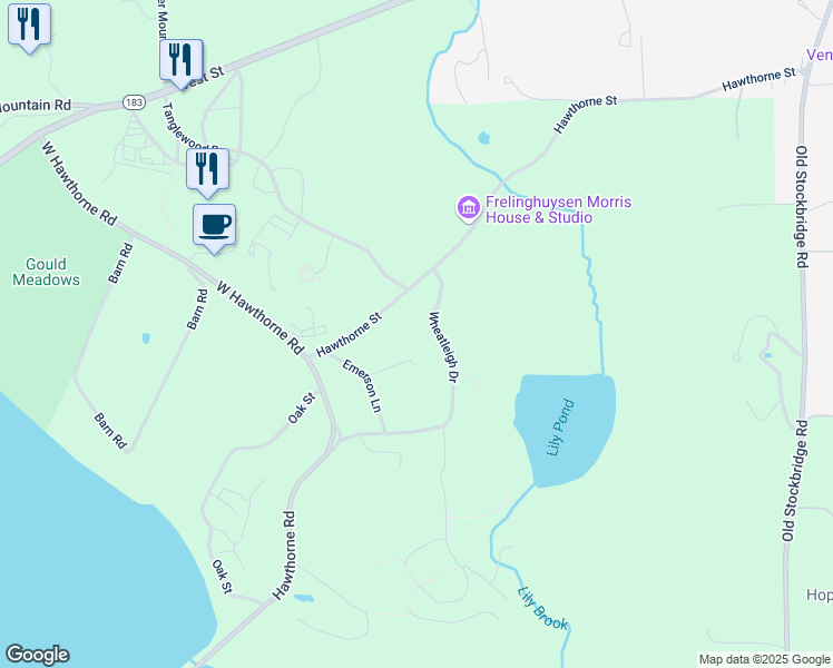 map of restaurants, bars, coffee shops, grocery stores, and more near 10 Wheatleigh Drive in Lenox