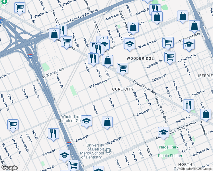 map of restaurants, bars, coffee shops, grocery stores, and more near 4434 16th Street in Detroit
