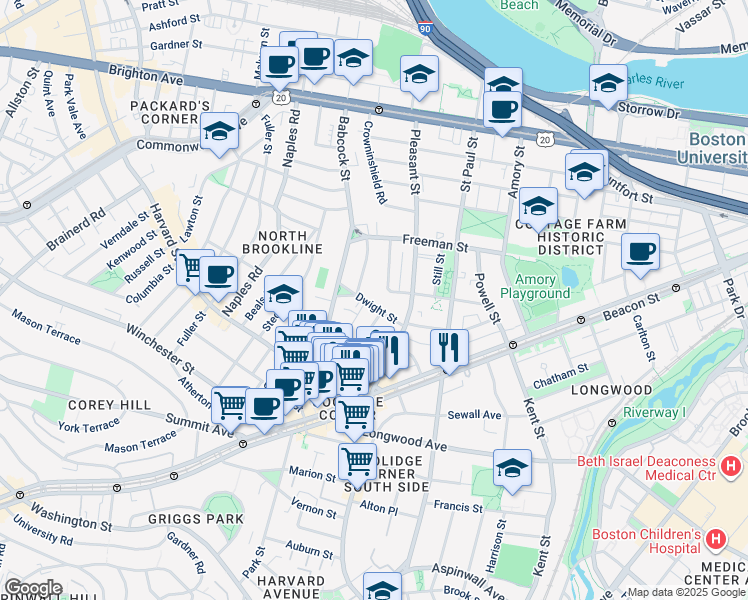 map of restaurants, bars, coffee shops, grocery stores, and more near 15 Dwight Street in Brookline