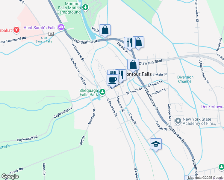 map of restaurants, bars, coffee shops, grocery stores, and more near 401 West Main Street in Montour Falls