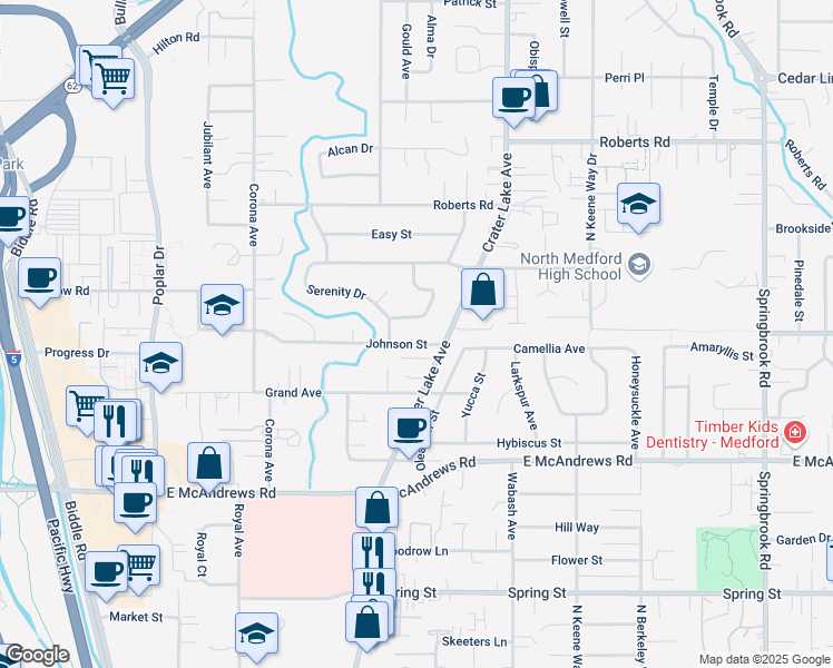 map of restaurants, bars, coffee shops, grocery stores, and more near 1740 Johnson Street in Medford