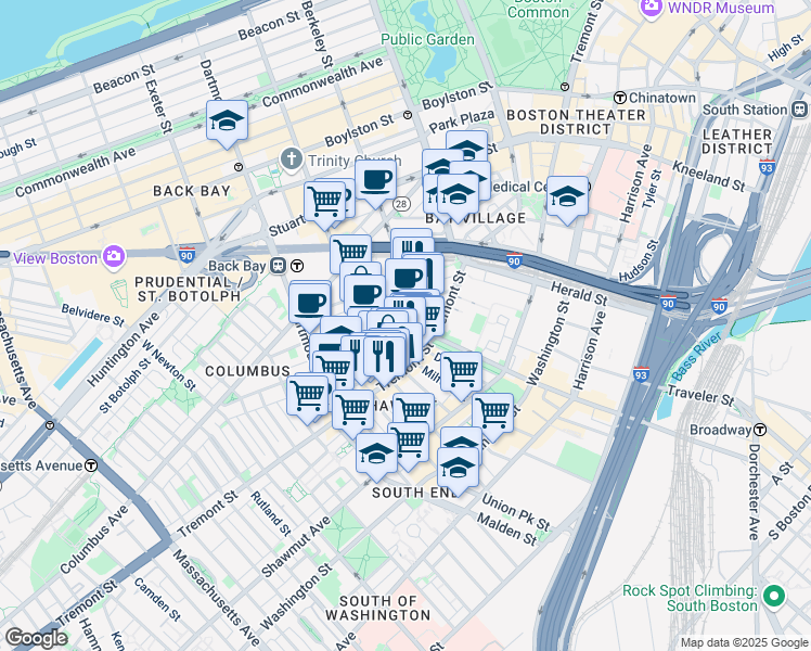 map of restaurants, bars, coffee shops, grocery stores, and more near 34 Warren Avenue in Boston