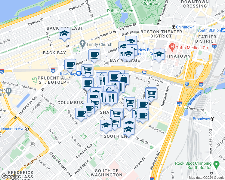 map of restaurants, bars, coffee shops, grocery stores, and more near 34 Warren Avenue in Boston