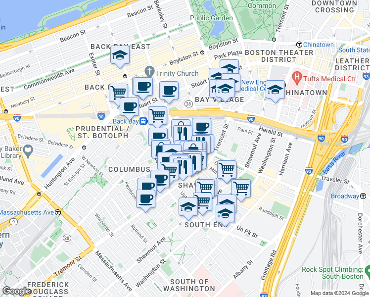 map of restaurants, bars, coffee shops, grocery stores, and more near 77 Warren Avenue in Boston