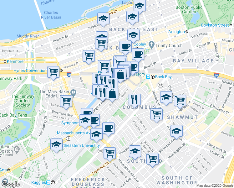 map of restaurants, bars, coffee shops, grocery stores, and more near 94 Saint Botolph Street in Boston