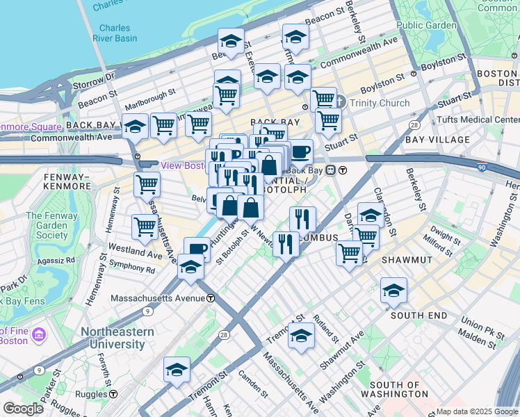 map of restaurants, bars, coffee shops, grocery stores, and more near 94 Saint Botolph Street in Boston