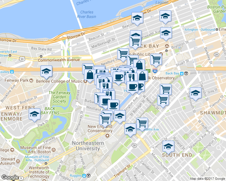 map of restaurants, bars, coffee shops, grocery stores, and more near 41 Clearway Street in Boston