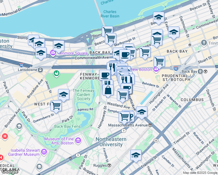 map of restaurants, bars, coffee shops, grocery stores, and more near 56-60 Hemenway Street in Boston
