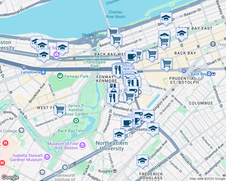 map of restaurants, bars, coffee shops, grocery stores, and more near 56-60 Hemenway Street in Boston