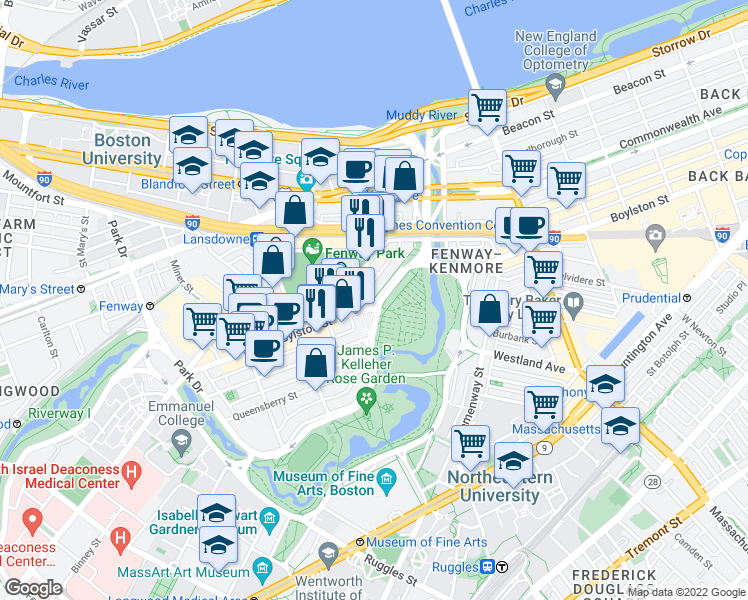 map of restaurants, bars, coffee shops, grocery stores, and more near Path Q in Boston
