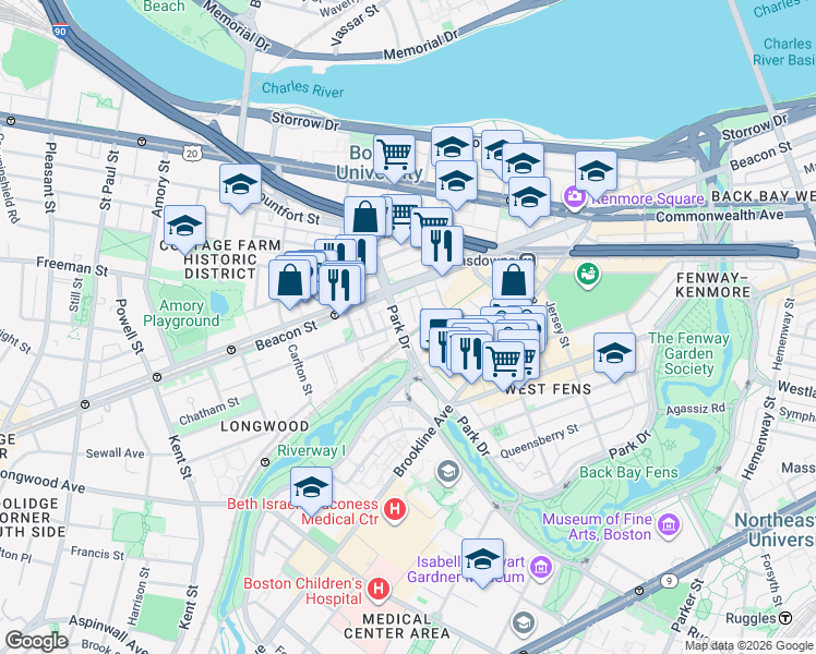 map of restaurants, bars, coffee shops, grocery stores, and more near 440 Park Drive in Boston