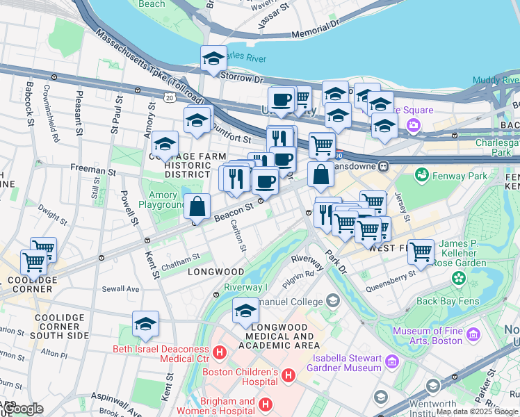 map of restaurants, bars, coffee shops, grocery stores, and more near 68a Monmouth Street in Brookline