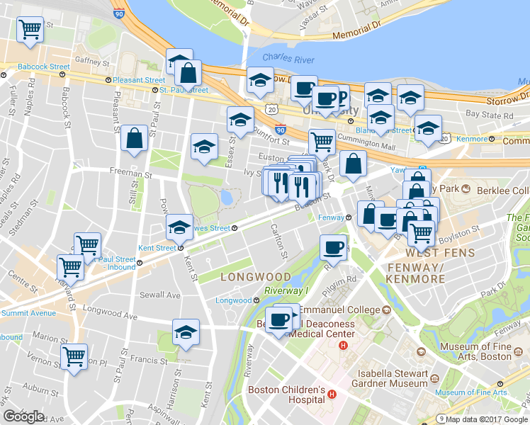 map of restaurants, bars, coffee shops, grocery stores, and more near 46 Carlton Street in Brookline