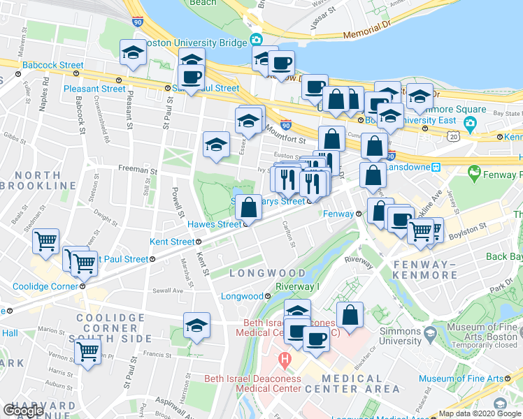 map of restaurants, bars, coffee shops, grocery stores, and more near 1083 Beacon Street in Brookline