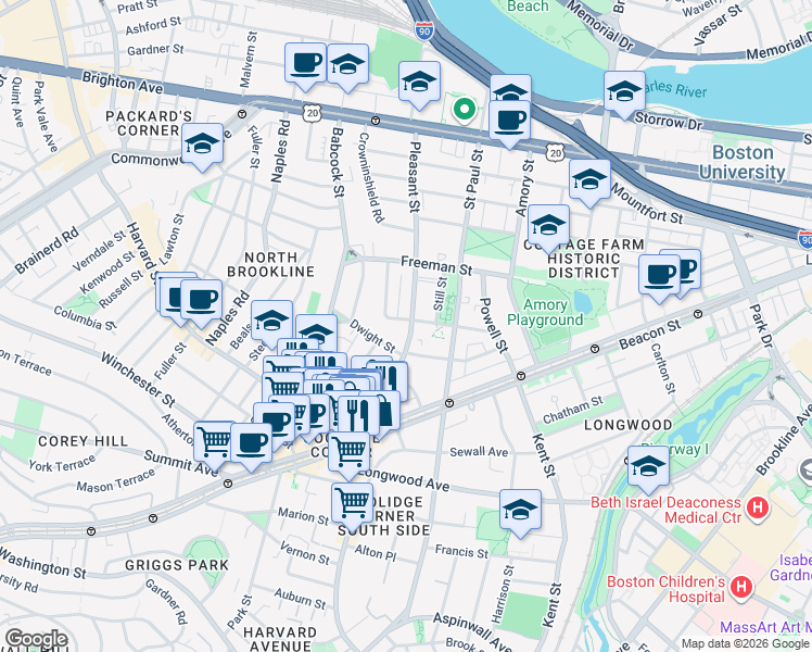 map of restaurants, bars, coffee shops, grocery stores, and more near 63 Parkman Street in Brookline