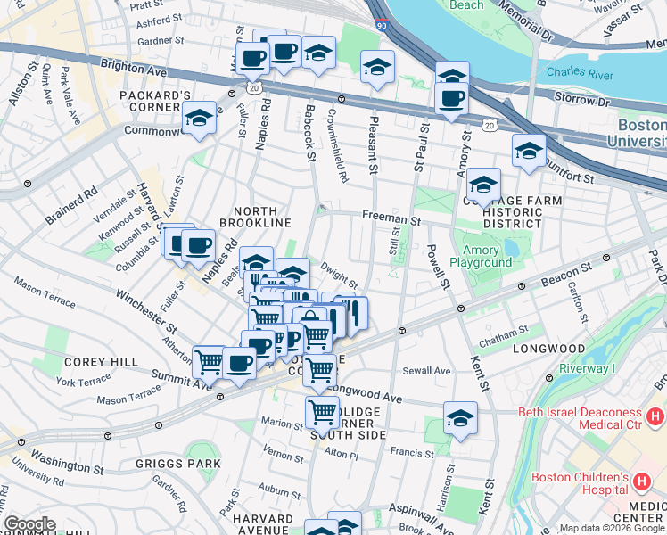 map of restaurants, bars, coffee shops, grocery stores, and more near 62 Green Street in Brookline