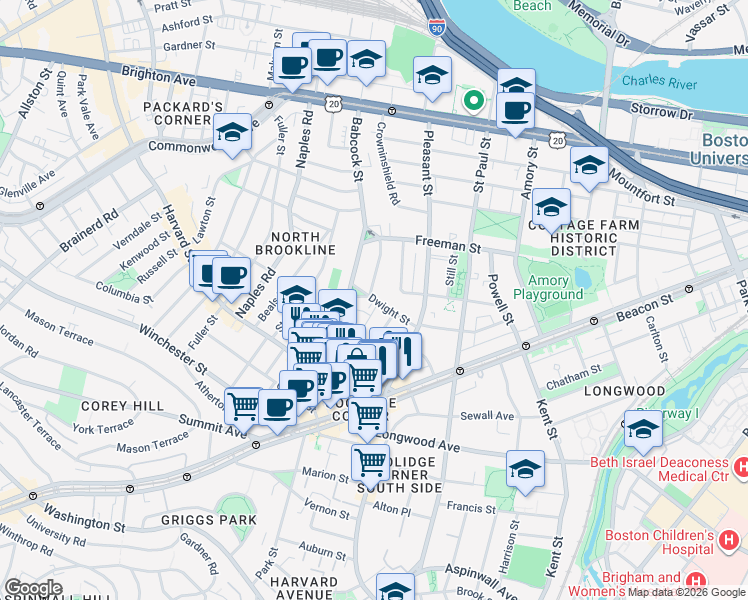 map of restaurants, bars, coffee shops, grocery stores, and more near 62 Green Street in Brookline
