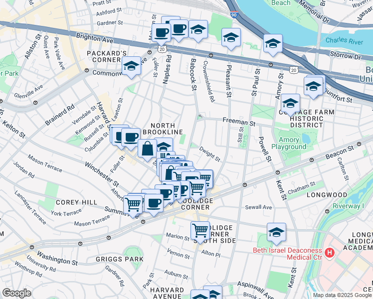 map of restaurants, bars, coffee shops, grocery stores, and more near 51 John Street in Brookline