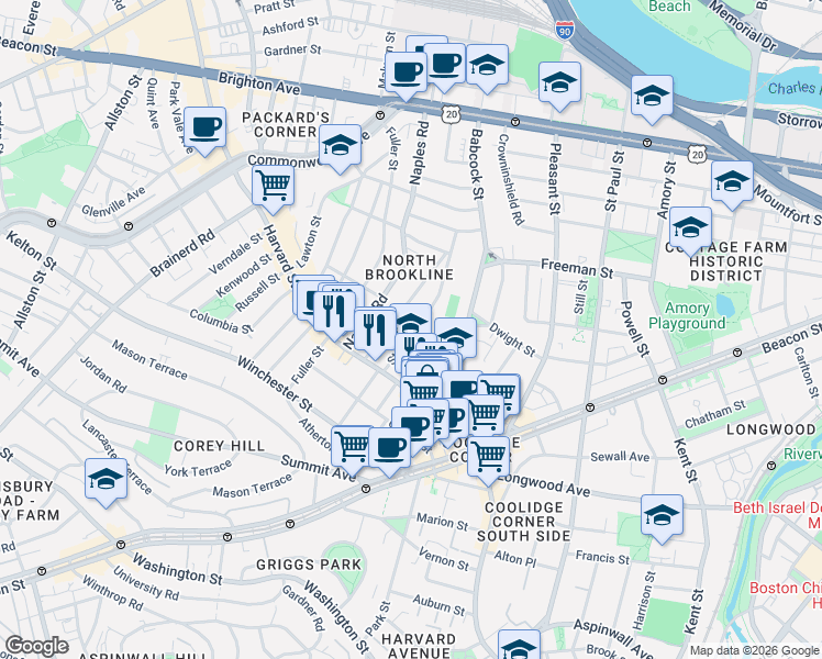 map of restaurants, bars, coffee shops, grocery stores, and more near in Brookline