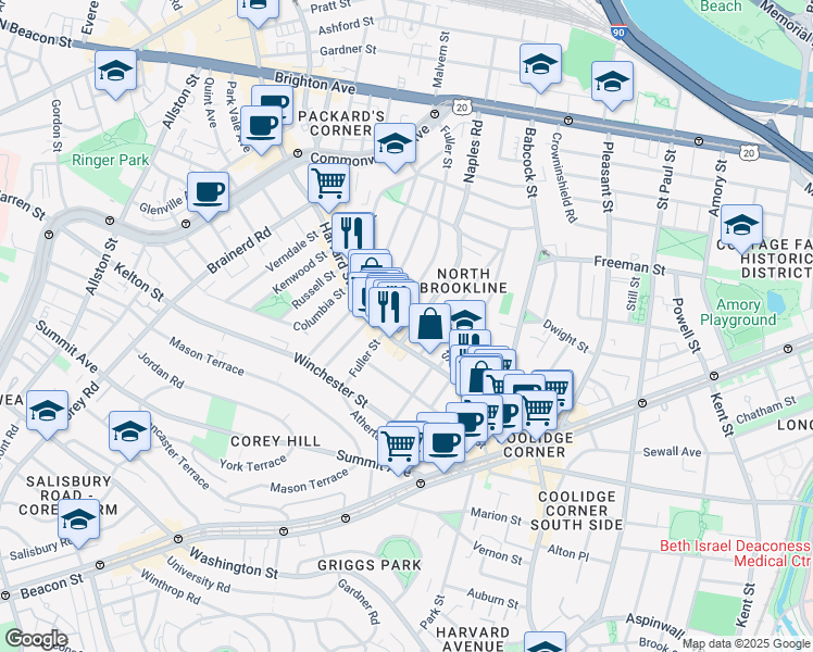 map of restaurants, bars, coffee shops, grocery stores, and more near 404 Harvard Street in Brookline
