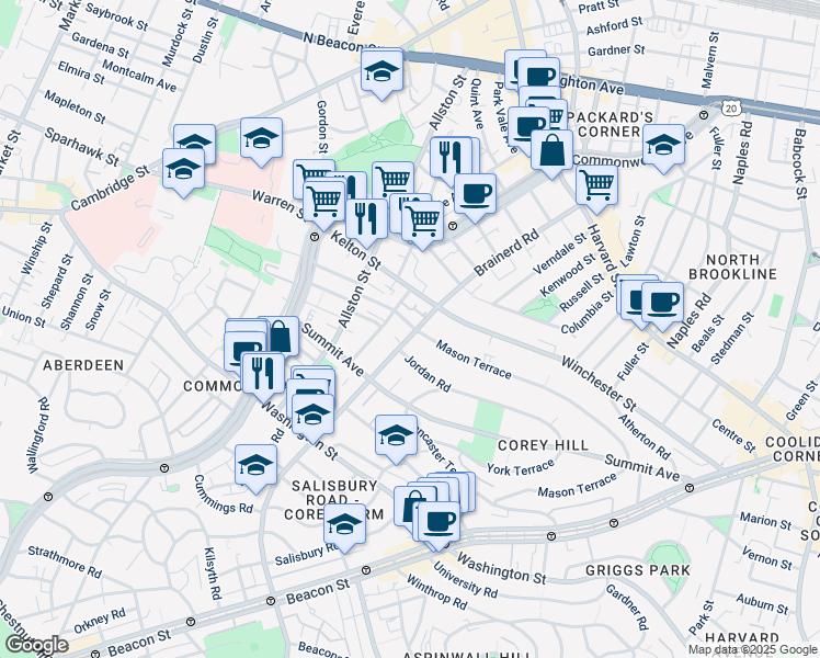 map of restaurants, bars, coffee shops, grocery stores, and more near 322 Mason Terrace in Brookline