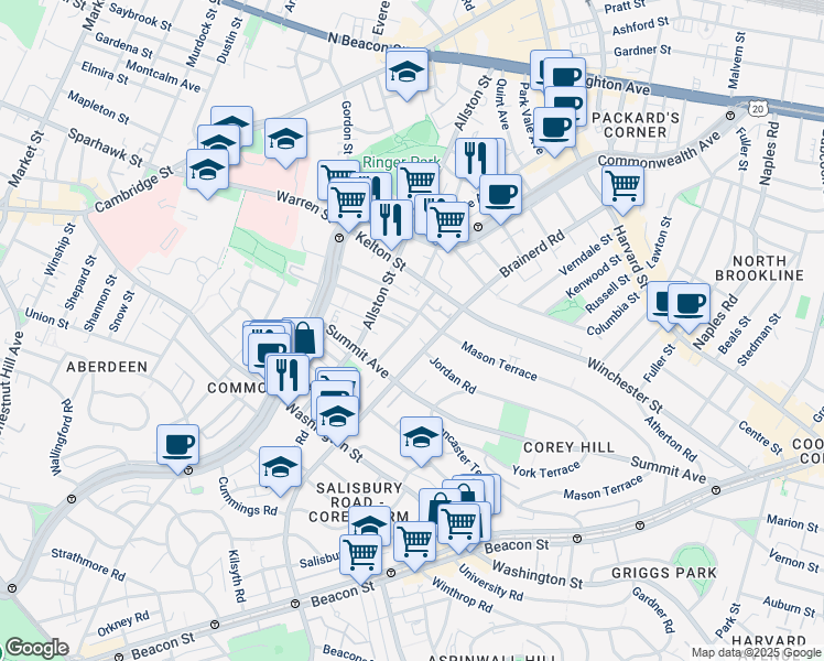 map of restaurants, bars, coffee shops, grocery stores, and more near 246 Corey Road in Boston