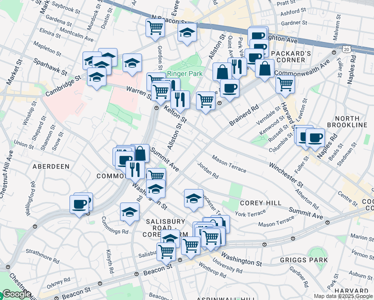 map of restaurants, bars, coffee shops, grocery stores, and more near 246 Corey Road in Boston