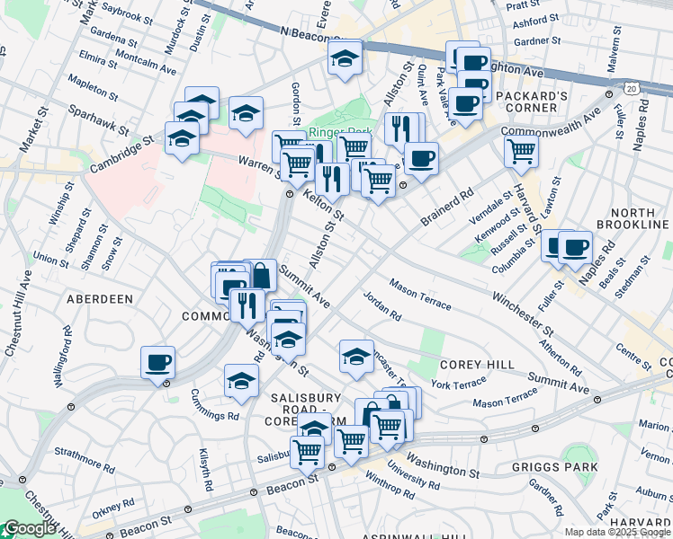 map of restaurants, bars, coffee shops, grocery stores, and more near 246 Corey Road in Boston