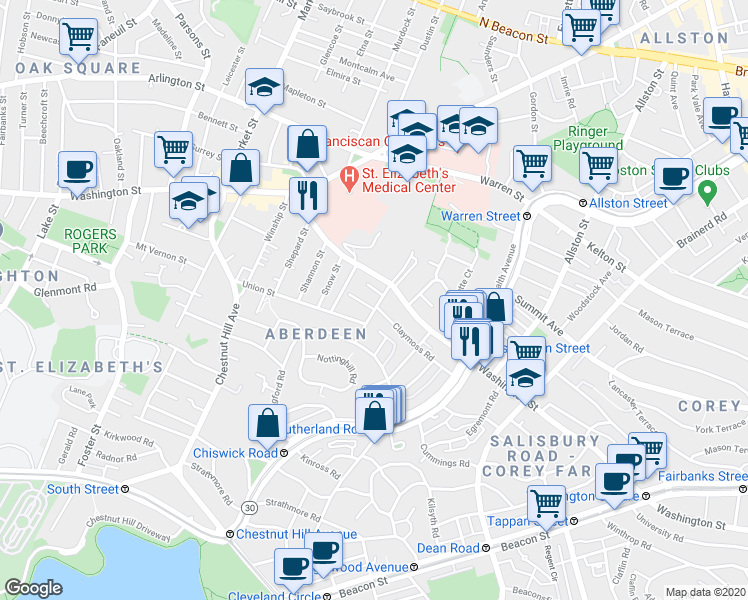 map of restaurants, bars, coffee shops, grocery stores, and more near 78 Claymoss Road in Boston