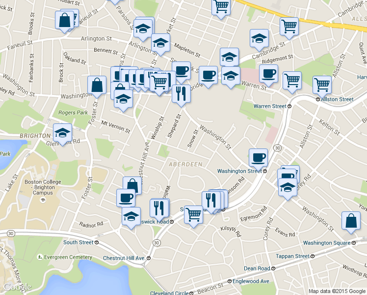 map of restaurants, bars, coffee shops, grocery stores, and more near in Boston
