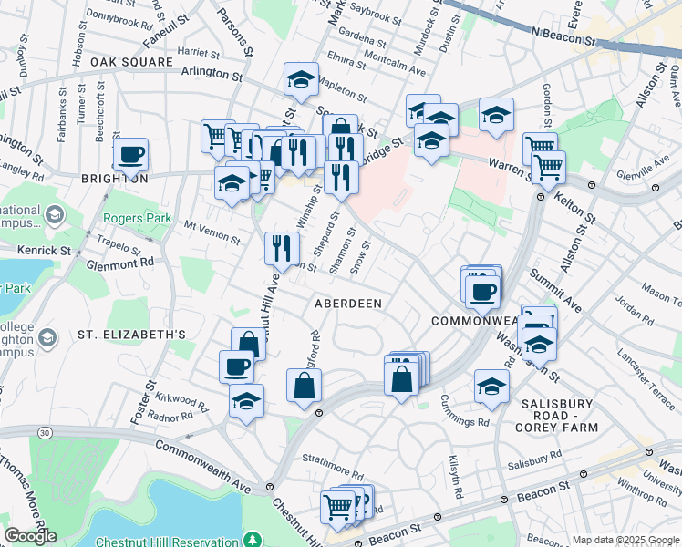 map of restaurants, bars, coffee shops, grocery stores, and more near in Boston