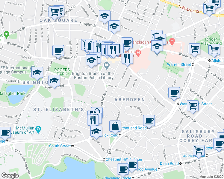 map of restaurants, bars, coffee shops, grocery stores, and more near 8 Priscilla Road in Boston