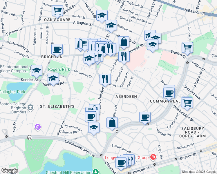map of restaurants, bars, coffee shops, grocery stores, and more near 8 Priscilla Road in Boston