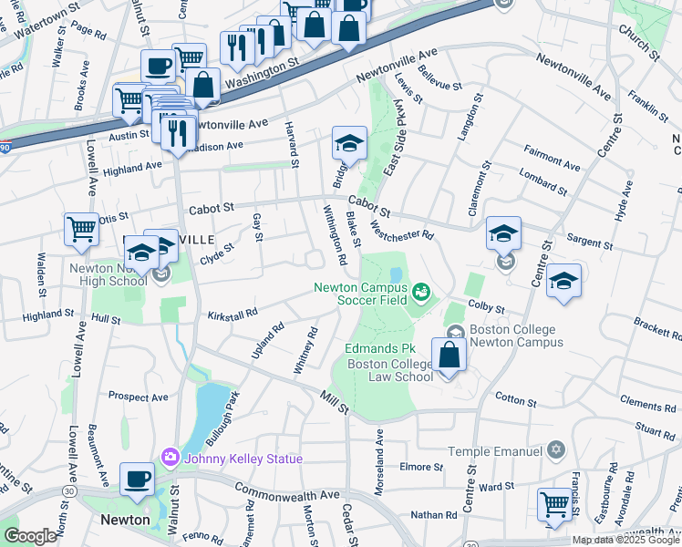 map of restaurants, bars, coffee shops, grocery stores, and more near 148 Kirkstall Road in Newton