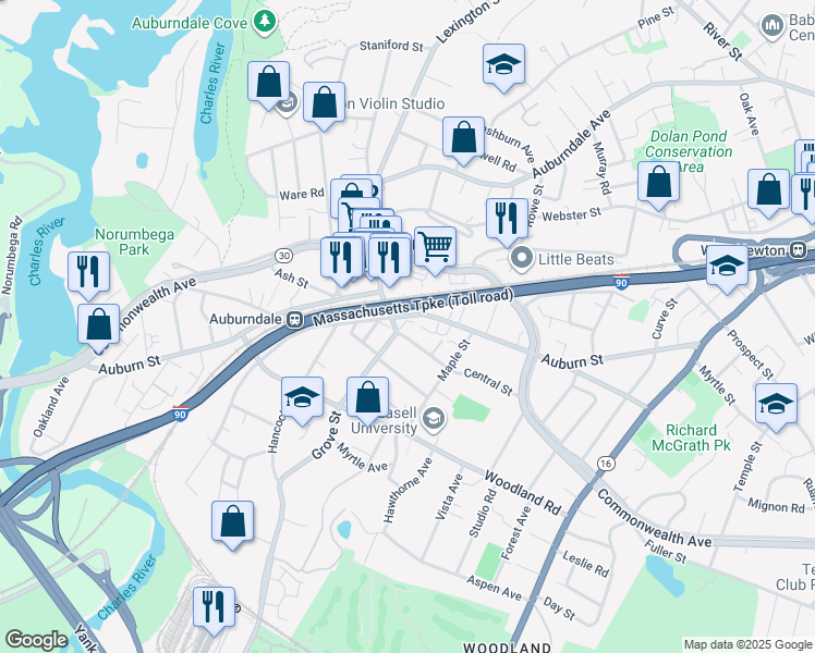 map of restaurants, bars, coffee shops, grocery stores, and more near 101 Central Street in Newton