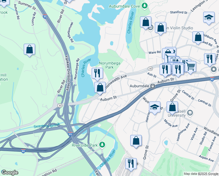 map of restaurants, bars, coffee shops, grocery stores, and more near 2320 Commonwealth Avenue in Newton