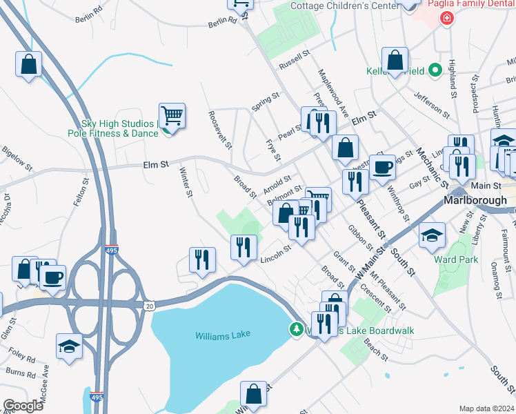 map of restaurants, bars, coffee shops, grocery stores, and more near 65 Belmont Street in Marlborough