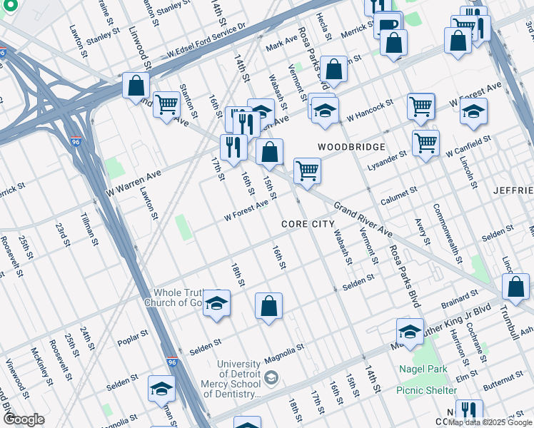 map of restaurants, bars, coffee shops, grocery stores, and more near 4434 16th Street in Detroit