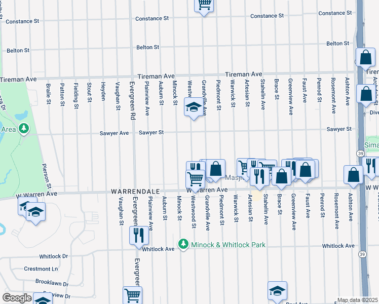 map of restaurants, bars, coffee shops, grocery stores, and more near 7320 Westwood Street in Detroit