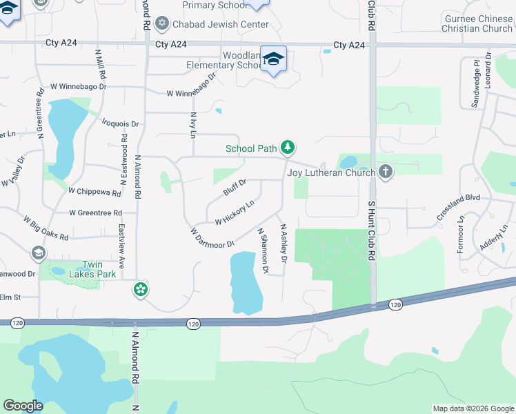 map of restaurants, bars, coffee shops, grocery stores, and more near 17322 West Dartmoor Drive in Grayslake