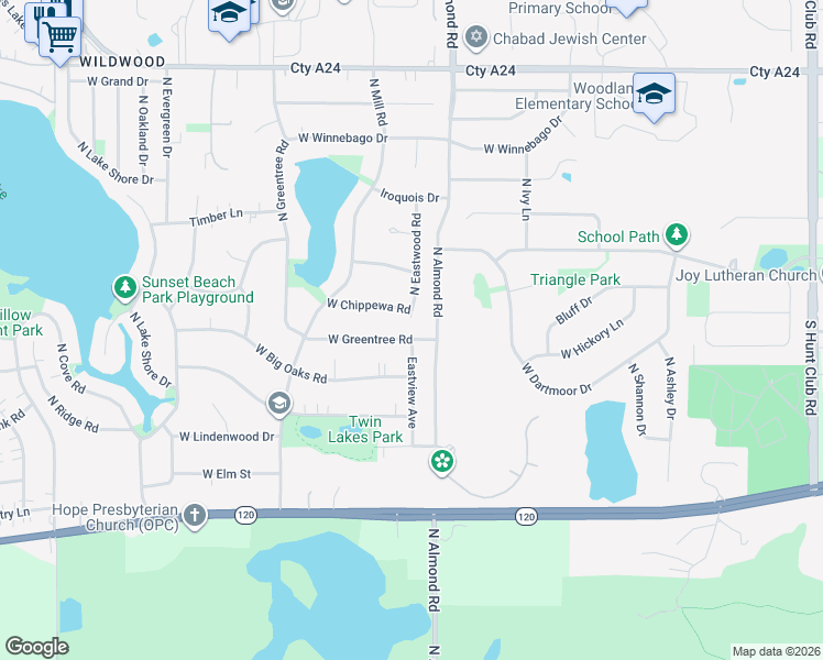 map of restaurants, bars, coffee shops, grocery stores, and more near 17796 West Greentree Road in Grayslake