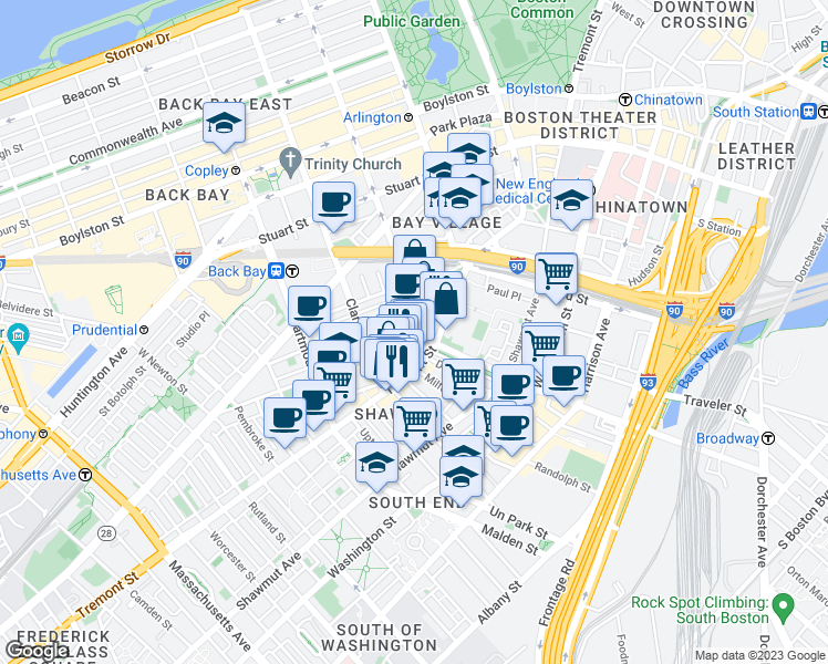 map of restaurants, bars, coffee shops, grocery stores, and more near 7 Warren Avenue in Boston