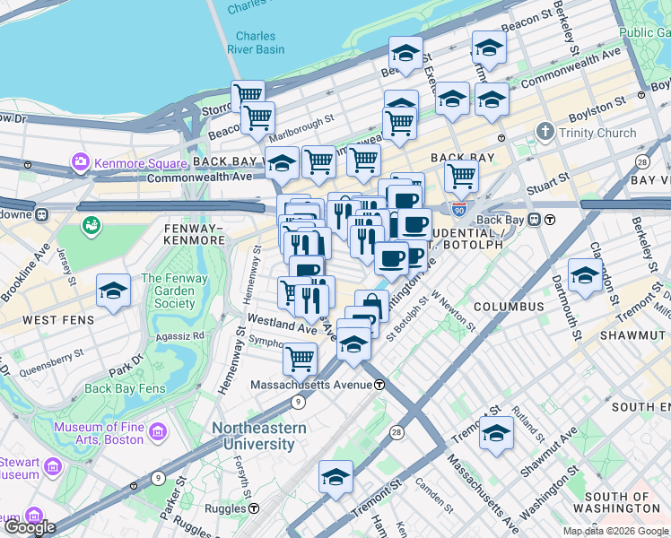 map of restaurants, bars, coffee shops, grocery stores, and more near 41 Clearway Street in Boston
