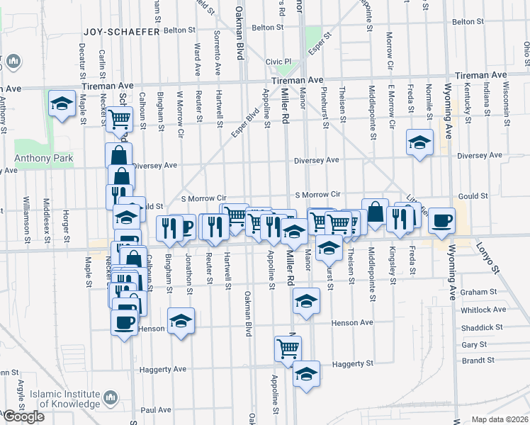 map of restaurants, bars, coffee shops, grocery stores, and more near 7238 Oakman Boulevard in Dearborn