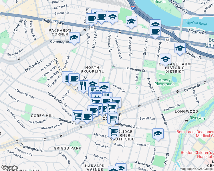 map of restaurants, bars, coffee shops, grocery stores, and more near 51 John Street in Brookline