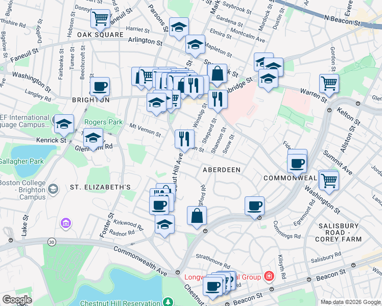map of restaurants, bars, coffee shops, grocery stores, and more near 8 Priscilla Road in Boston