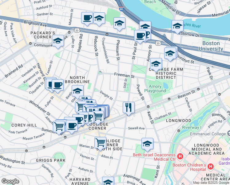 map of restaurants, bars, coffee shops, grocery stores, and more near 15 Dwight Street in Brookline