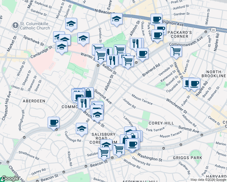 map of restaurants, bars, coffee shops, grocery stores, and more near 246 Corey Road in Boston