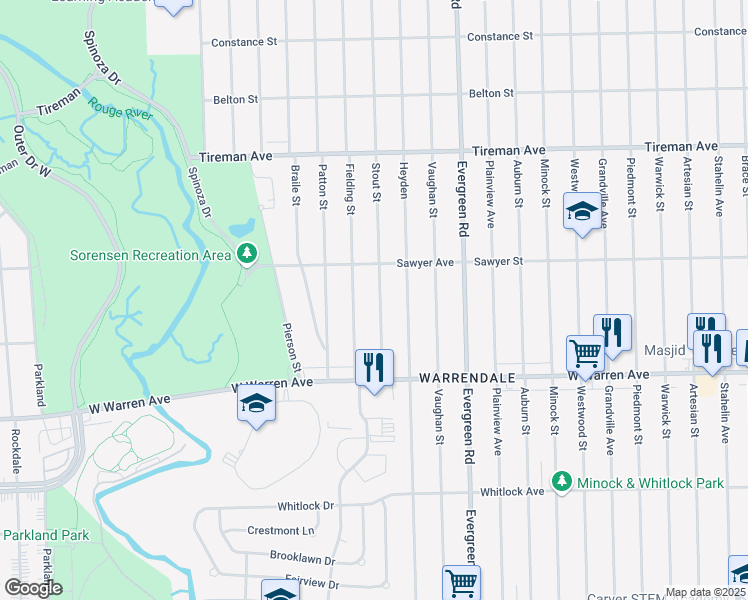 map of restaurants, bars, coffee shops, grocery stores, and more near 7377 Stout Street in Detroit